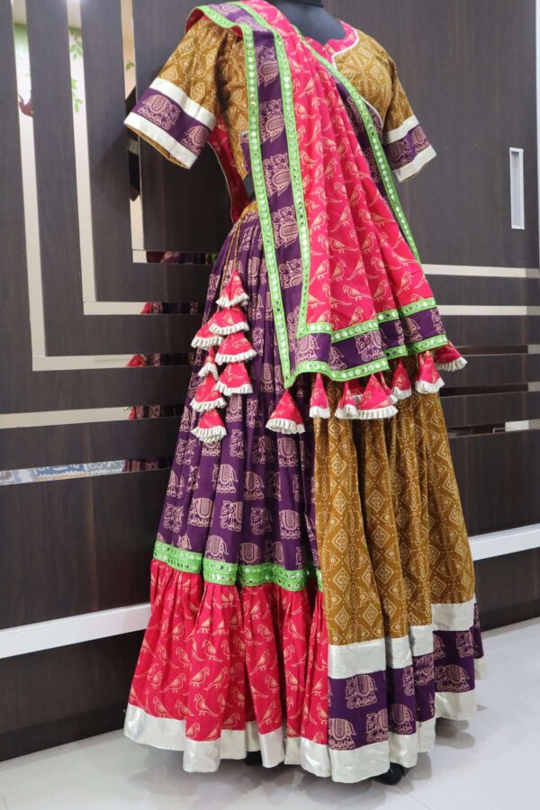 Mustard yellow and violet ajrakh print Designer lehenga with rani pink ...