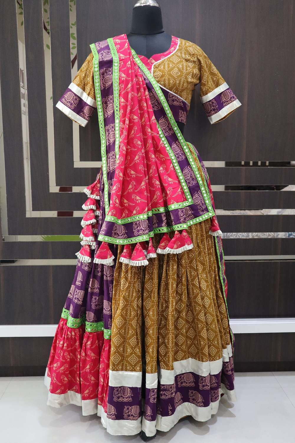 Mustard Yellow And Violet Ajrakh Print Designer Lehenga With Rani Pink 