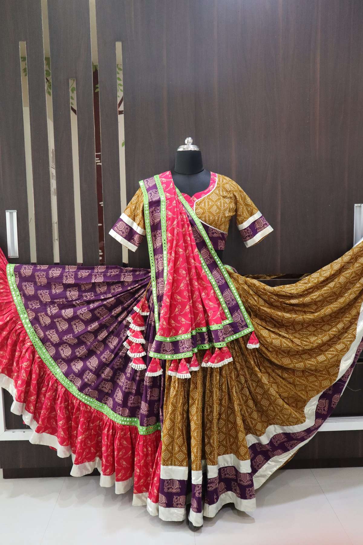 Mustard yellow and violet ajrakh print Designer lehenga with rani pink ...