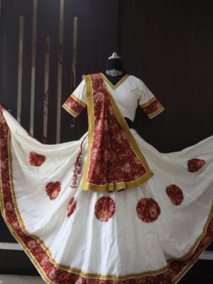 off white lehenga with red dupatta