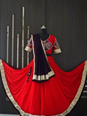 red lehenga with purple dupatta